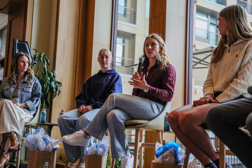 Mikaela Shiffrin, Liz Lemley, Meg and Spenser Gustafson share insights on mental health at a sports psychology event Avon.
